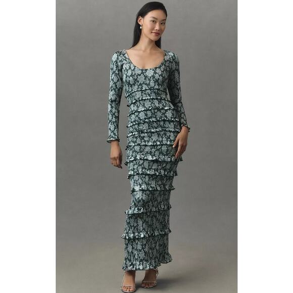 V. Chapman Lanie Maxi Dress Emerald Peony Print Ruffles Wedding Guest Size 2 NEW - Picture 2 of 10
